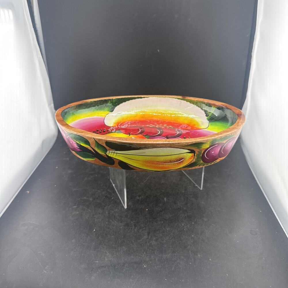 Vtg Mexican Folk Art Hand Painted Wood Fruit Bowl 10” Lacquered